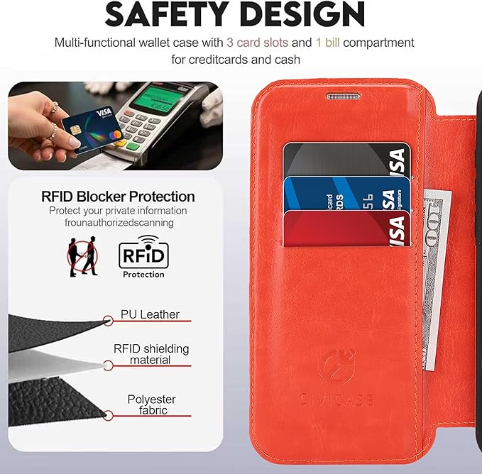 CIVICASE for iPhone 15 Wallet Case with Stand,PU Leather Flip Credit Card Holder Slots (RFID Blocking),Compatible with Magsafe Magnetic Holder Phone Cover Women Men, Orange