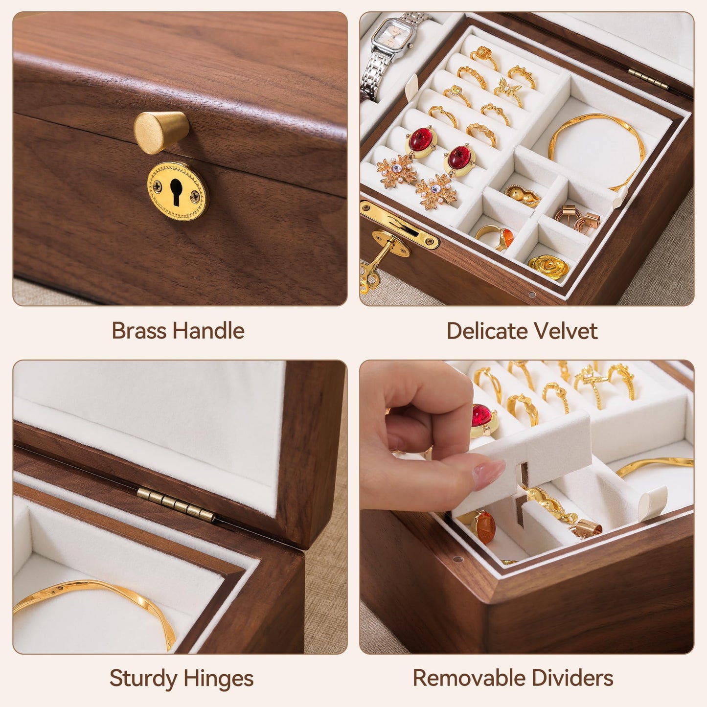 Black Walnut Wooden Jewelry Box with Lock, 2 Layer Natural Solid Wood Jewelry Organizer with Removable Tray, Velvet Lined Storage for Necklace Ring Earrings Watch Bracelet, Gifts for Mom Women Girl