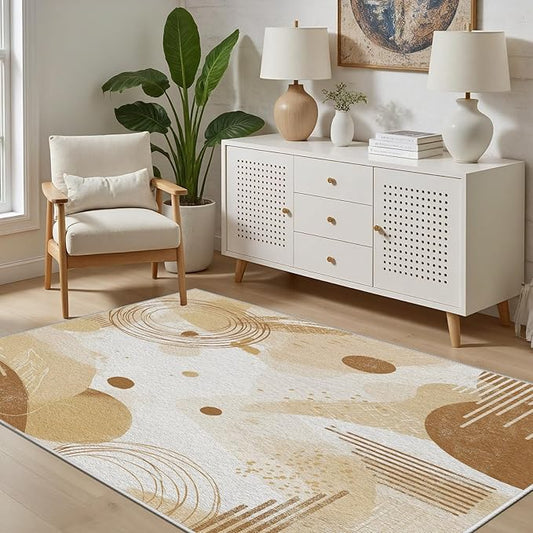 Minimalist Abstract Area Rug 5x6 Beige Boho, Modern Washable Geometric Art Carpet, Soft Non-Slip Low-Pile Carpet for Living Room, Bedroom, Kitchen, Dining Room, Pet Friendly, Non-Shedding, Brown