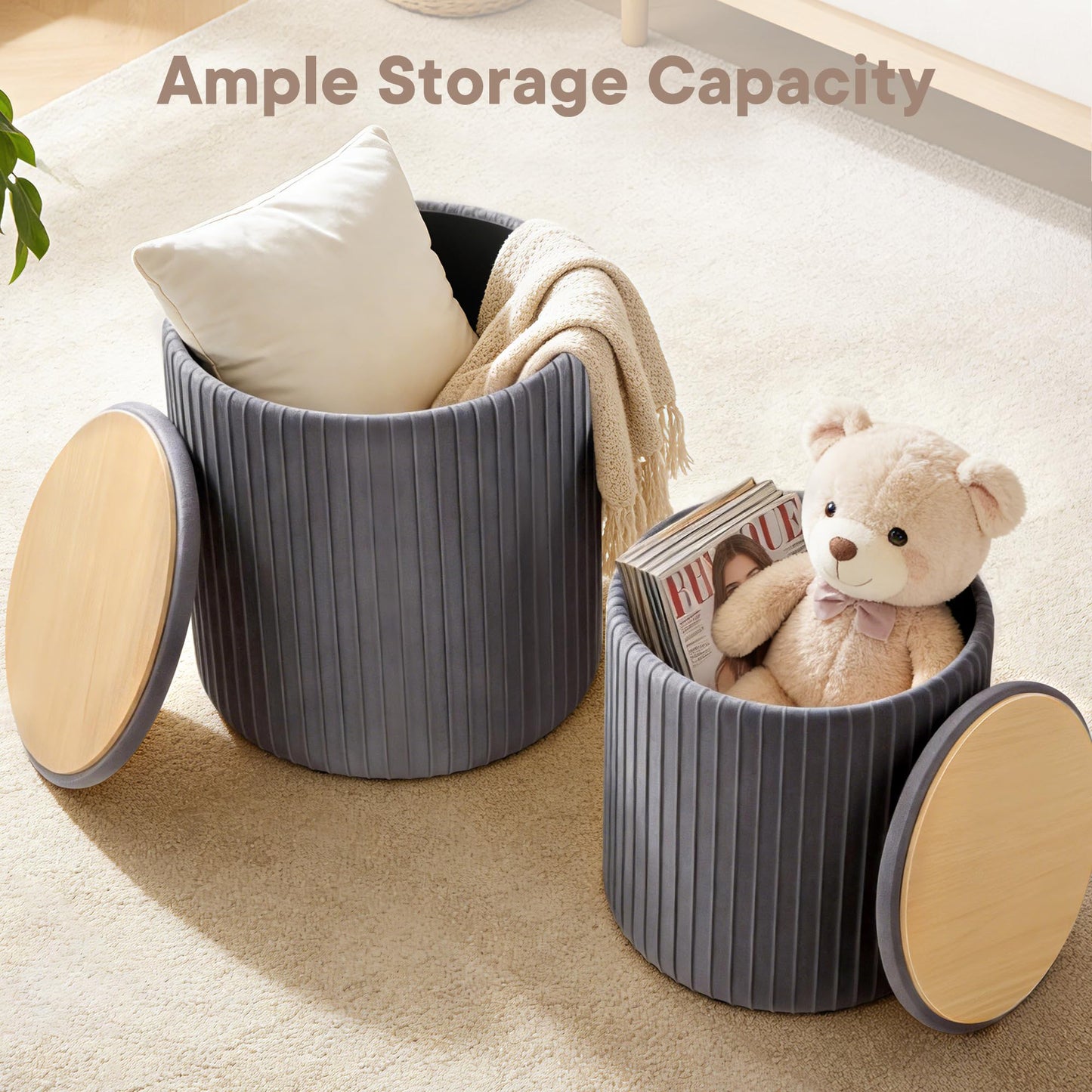 DUMOS Round Ottoman with Storage Set of 2, Vanity Stool Chair with Storage, Makeup Cute Soft Small Footstool Modern Style Coffee Table, Small Velvet Foot Stool for Living Room Bedroom Dorm, Deep Grey