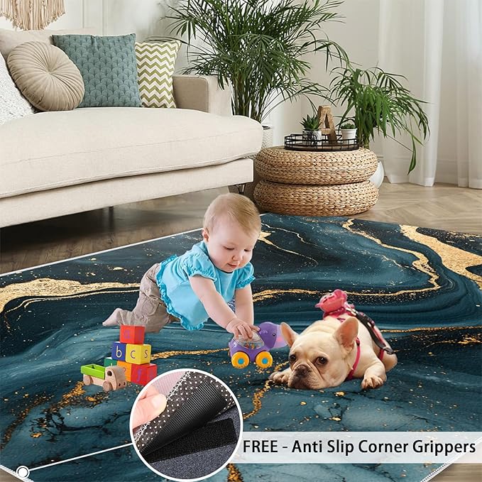 Marble Washable Area Rugs 6x9 Non-Slip Fluid Art Living Room Rug Gold Lines Soft for Carpet Low Pile Indoor Door Mat & Room Decor