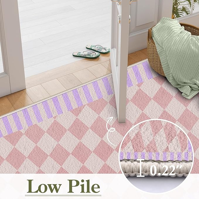 Pink Checkered Long Hallway Rug Runners, 2.6x10ft, Cute Girly Purple Geometric Design Bedroom Carpets for Girls, Fade Resistant Durable Pet Friendly Easy Clean Carpet for Indoor Porch