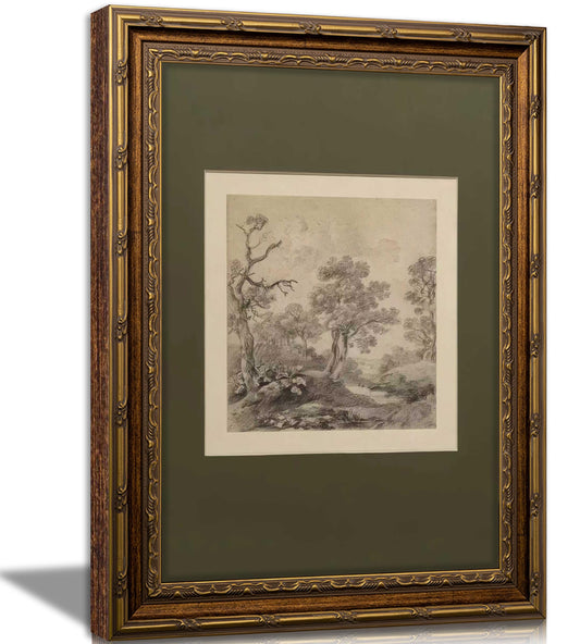 Vintage Gold Framed Wall Art Tree Forest Landscape Painting Canvas Prints Green Gray Tree Natural Sketch Picture Rustic Farmhouse Poster Artwork for Living Room Bedroom Bathroom, 16x24in