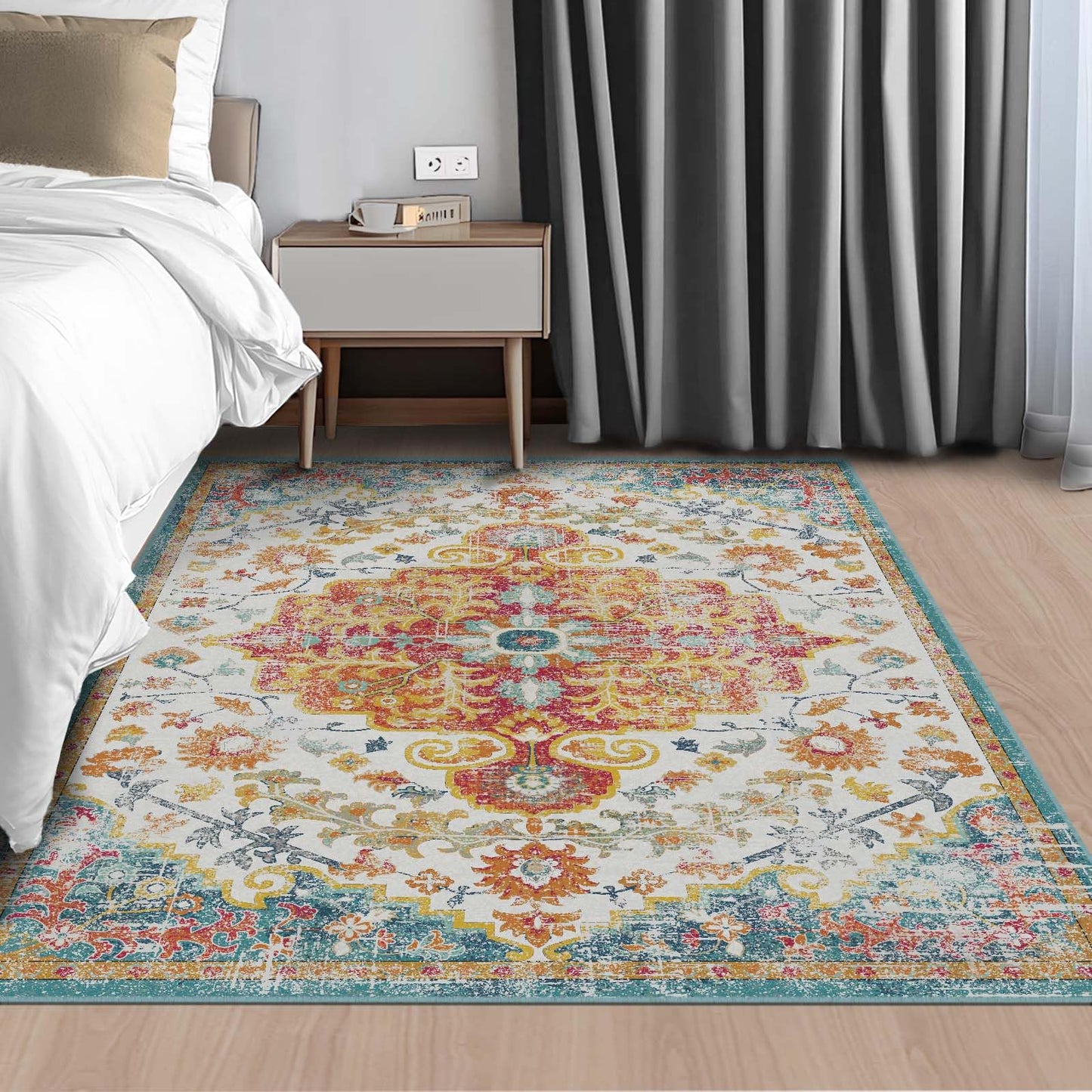LOOMY Living Room Rug 5x7 Rug Machine Washable Boho Area Rug Non Slip Floral Vintage Low Pile Large Rugs for Living Room, Bedroom, Farmhouse, Dining Room, Kids Playroom