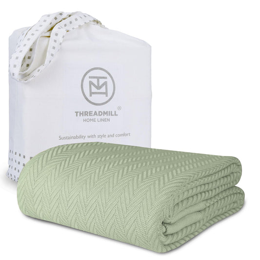 Threadmill Luxury Cotton Blankets Queen Size | All-Season 100% Cotton Blanket for Queen/Full Size Bed | Herringbone Soft Breathable | Sage Green