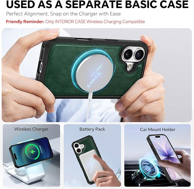 TUCCH 2-in-1 Removable Wallet Case for iPhone 17 (6.3-inch) 2025, Wireless Charging | RFID Blocking 4 Card Holder | Wrist Strap | Kickstand | Magnetic | PU Leather | Protective Flip Cover | Dark Green