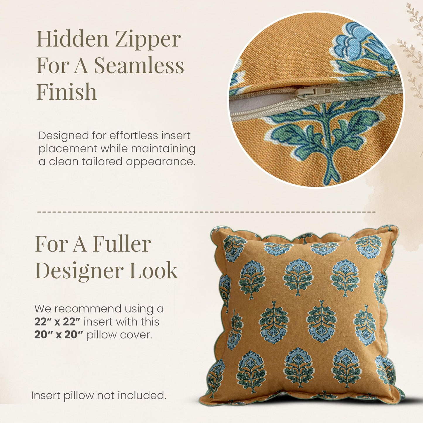 DrapePalette - Scalloped Throw Pillow Covers with Block Print Floral Patterns and Hidden Zipper - Gold Bloom, 20 x 20 Inches Pack of 1 - Soft Indoor Pillow Case for Livingroom, Bedroom, or Lounge