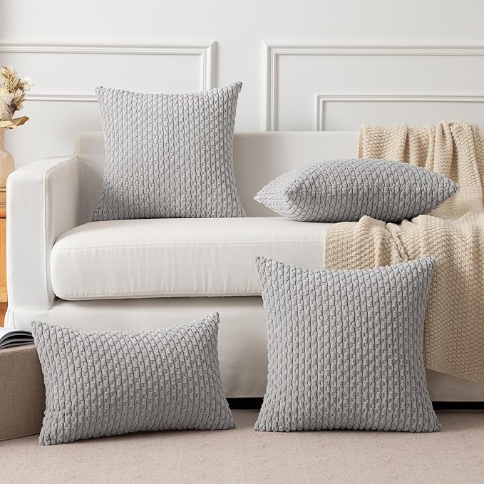 Kevin Textile Set of 2 Super Soft Striped Corduroy Velvet Decorative Euro Throw Pillow Sham Cushion Cover for Bed 20x20 Inch(50cm) Light Grey