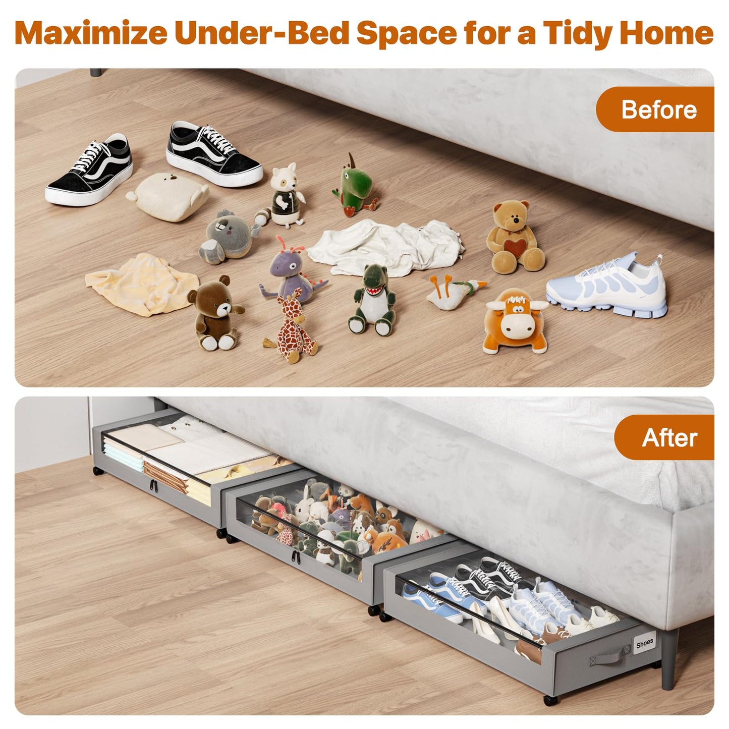 GoFujuco Under Bed Storage with Wheels,XXL 60L Under Bed Storage Containers with Clear Lids, Rolling Under Bed Metal Drawer for Clothes, Shoes,Toys(Gray, 2 Pack)