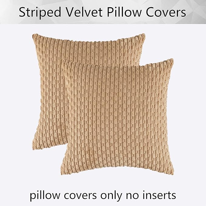 Kevin Textile Tan Throw Pillow Covers Soft Corduroy Decorative Set of 2 Boho Striped Pillow Covers Pillowcases Farmhouse Home Decor for Couch Bed Sofa Living Room 26x26 Inch