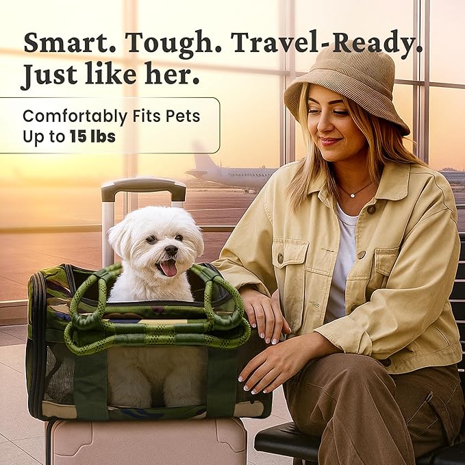 FLUFFY COMMUTE™ TSA Airline Approved Dog Carrier | Soft-Sided | Fits Small Dogs & Pets Up to 15 lbs & 17” Long × 11” Tall | Camo w/Green Handle