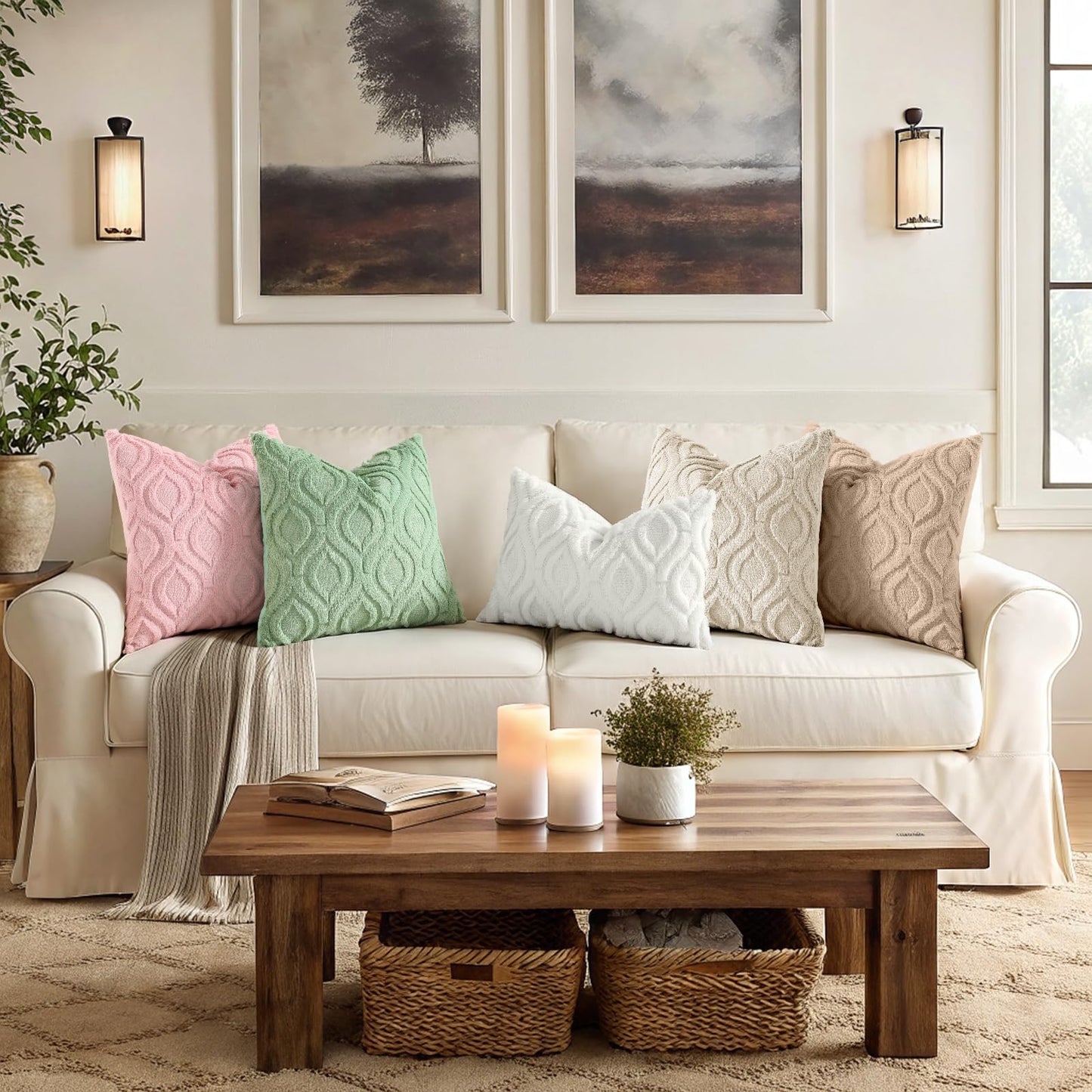 decorUhome Throw Pillow Covers 26x26 Inch Set of 2, Soft Plush Faux Wool Beige Solid Couch Pillow Covers, Accent Euro Sham Farmhouse Neutral Square Pillow Cases for Sofa Bed Living Room