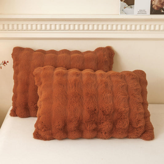 LIFEREVO 2 Pieces Fluffy Faux Rabbit Fur Pillow Cases, Luxury Soft Plush Shaggy Bubble Pillowcases Standard Size with Zipper, Furry Fuzzy Long Pillow Shams Adult Girls Kids Teens 20x26, Burnt Orange
