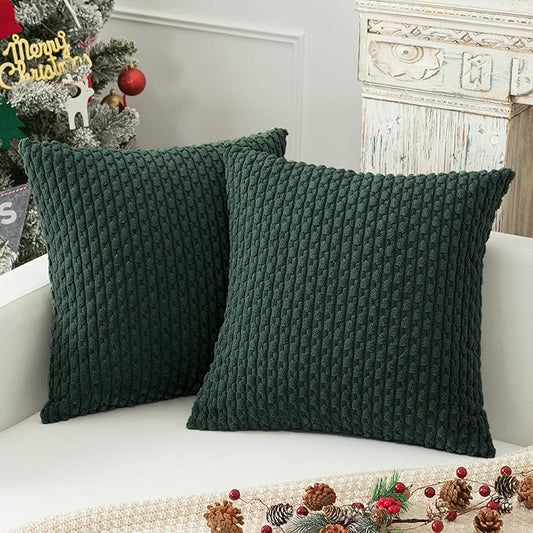 Kevin Textile Decorative Pillow Covers Set of 2 Striped Plush Corduroy Pillows Pillowcases Boho Home Decor Cushion Covers for Couch Sofa Bed Living Room 24x24 Inch, Army Green