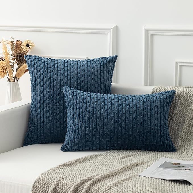 Kevin Textile Pack of 2 Corduroy Decorative Throw Pillow Covers 12x20 Inch Soft Boho Striped Pillow Covers Modern Farmhouse Home Decor for Autumn Sofa Living Room Couch Bed Blue