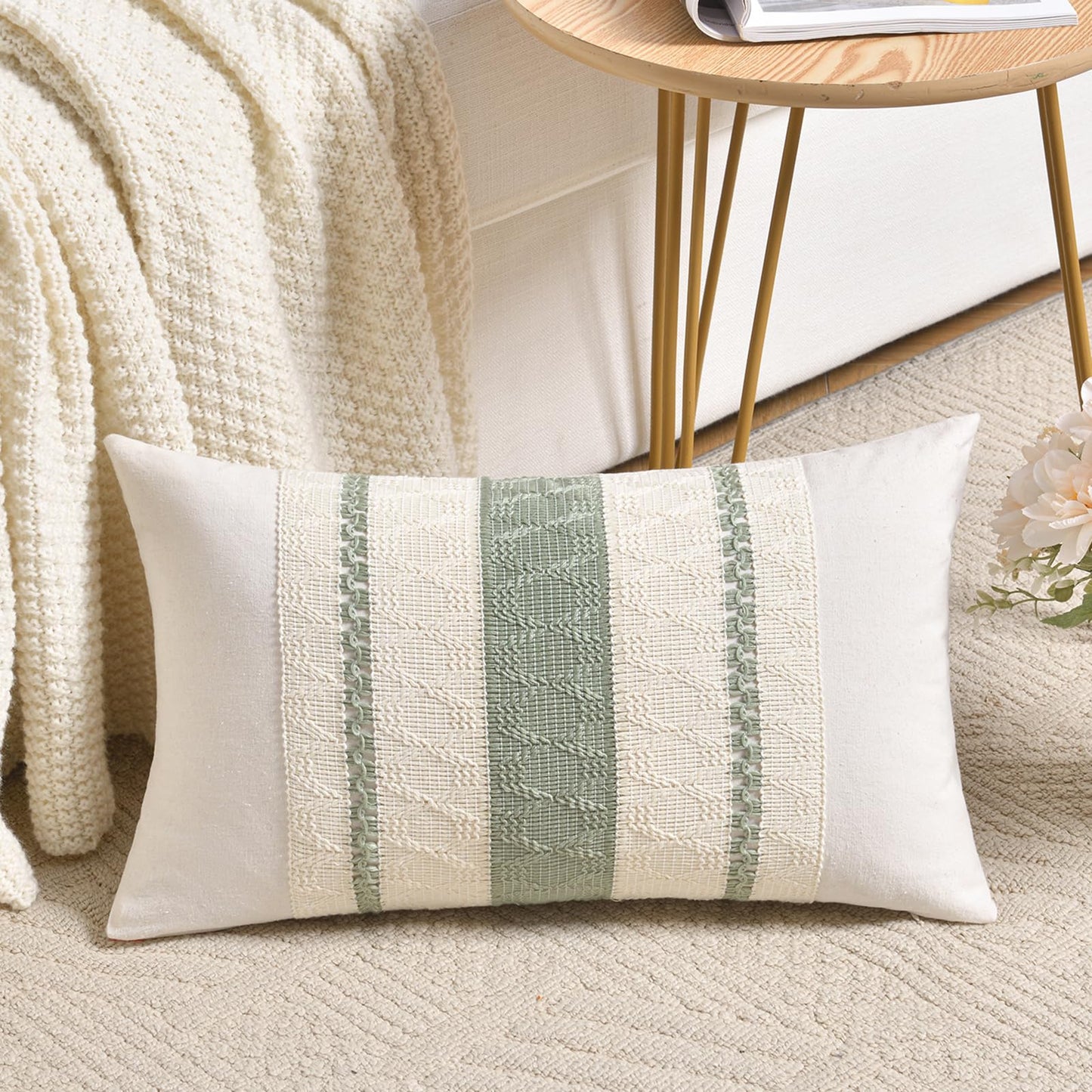 Fancy Homi Set of 1 Sage Green Boho Lumbar Decorative Throw Pillow Covers 14x24 Inch for Living Room Bedroom Couch Bed Sofa, Rustic Retro Cushion Case, Bohemian Room Home Decor
