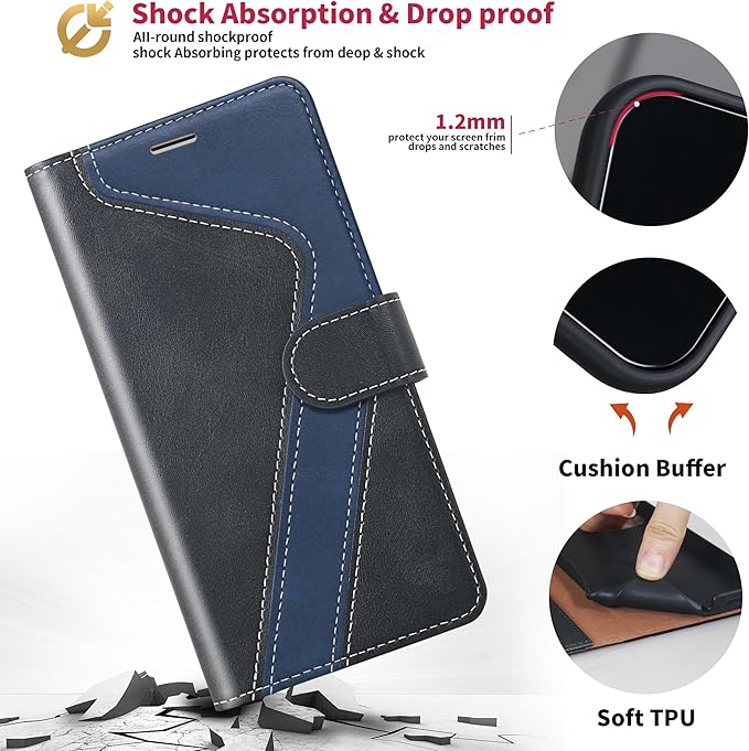CIVICASE for iPhone 15 Wallet Case,Leather Flip Case RFID Blocking Credit Card Holder Folio Magnetic Stand TPU Shockproof Cover Compatible with iPhone 15 Black Blue