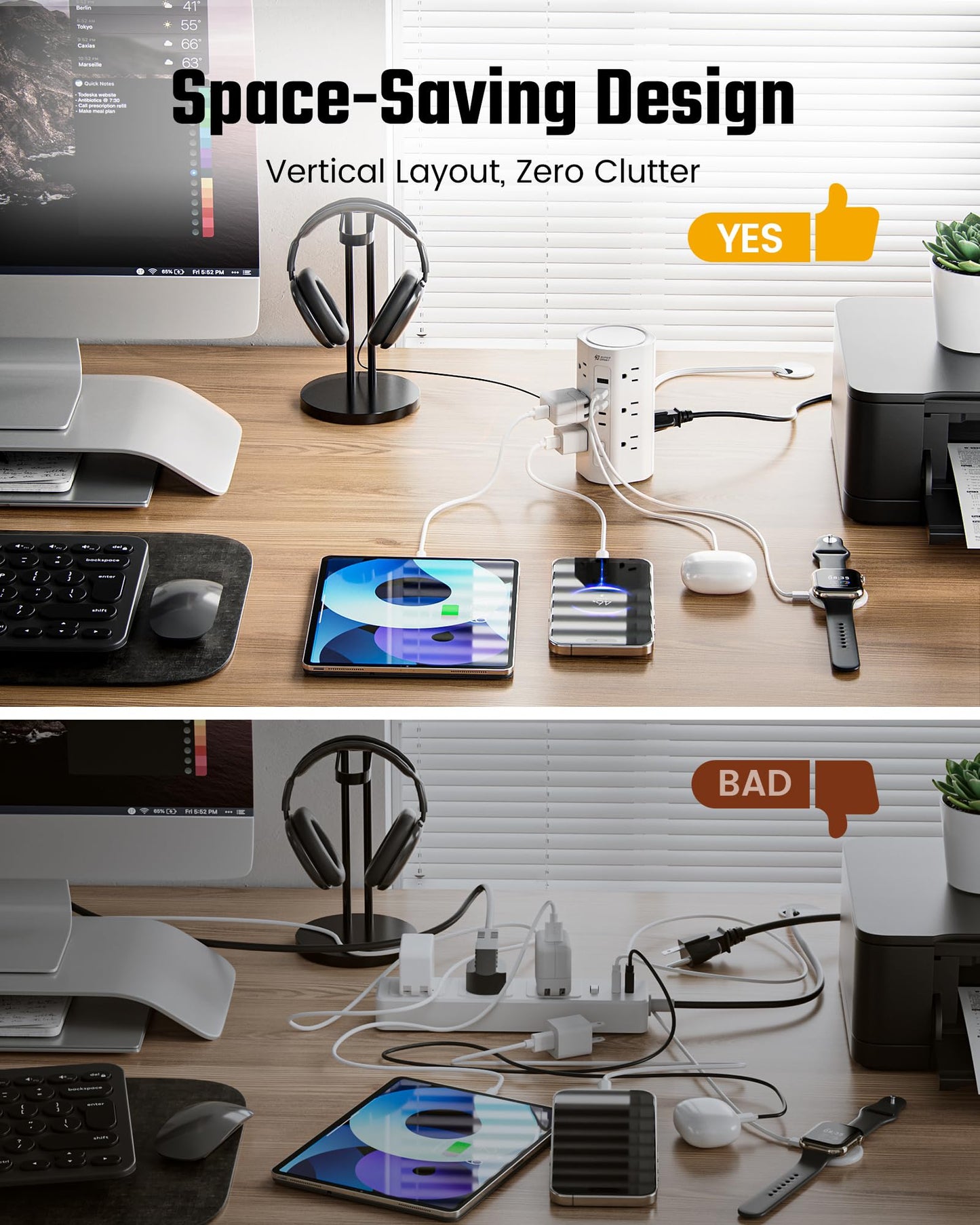 10Ft Extension Cord Power Strip Tower with Multiple Outlets, Flat Plug Power Tower 1700J Surge Protector, 12 AC Outlets 5 USB Ports (2 USB C), Desk USB Charging Station, Home Office Dorm Room, White