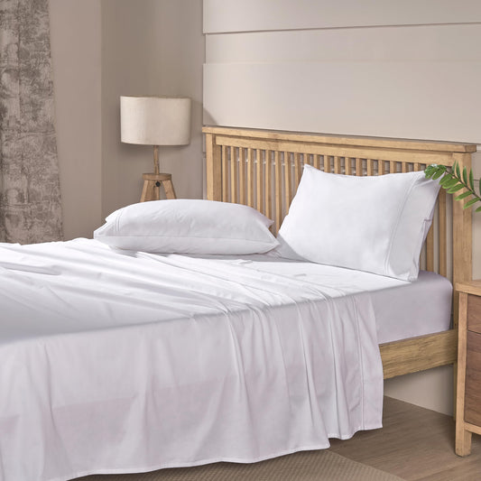 Mayil Manor 100% Natural Cotton White Queen Sheets Set | 500 TC Single-Ply Sateen Weave | Soft, Breathable, Hypoallergenic Solid 4-Piece Bedding with Deep Pocket Fitted, Flat, Pillowcase