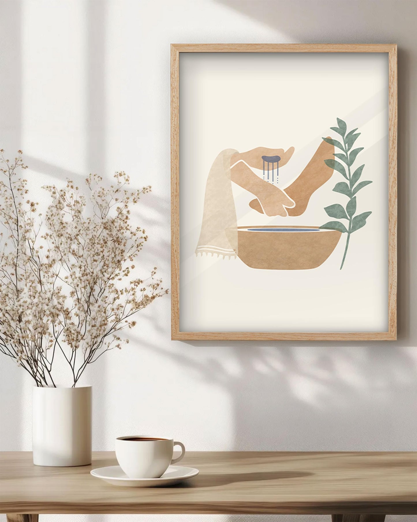 KensTro Natural OAK Wood Beige Boho Christian Framed Wall Art, 16x20 in Mid Century Modern Washing Feet Canvas Wall Art,Minimalist Religious Jesus Christ for Living Room Bedroom Decor Set of 1