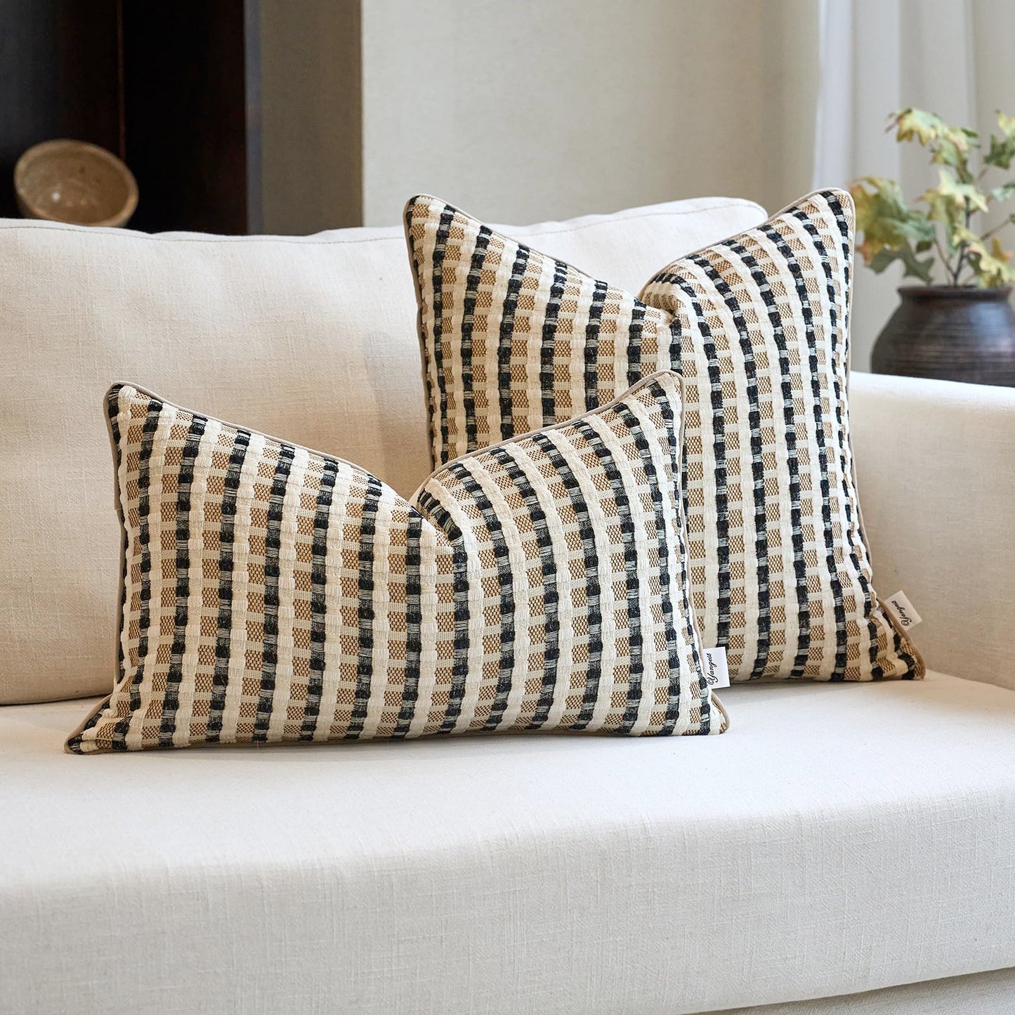 Yangest Boho Cotton and Linen Rectangle Pillow Cover 12x20 Inch, Striped Luxury Couch Pillowcover Accent Modern Decorative Cozy Soft Pillow for Sofa Couch Bedroom Living Room, Coffee Brown