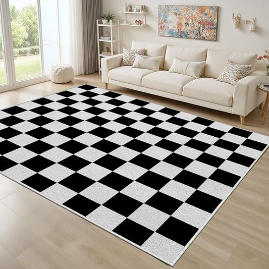 Black and White Checkered Rug for Living Room, 4x6 Area Rugs, Checkered Area Rug, Geometric Plaid Large Rugs, Washable Non Slip Retro Carpet Home Floor Decor