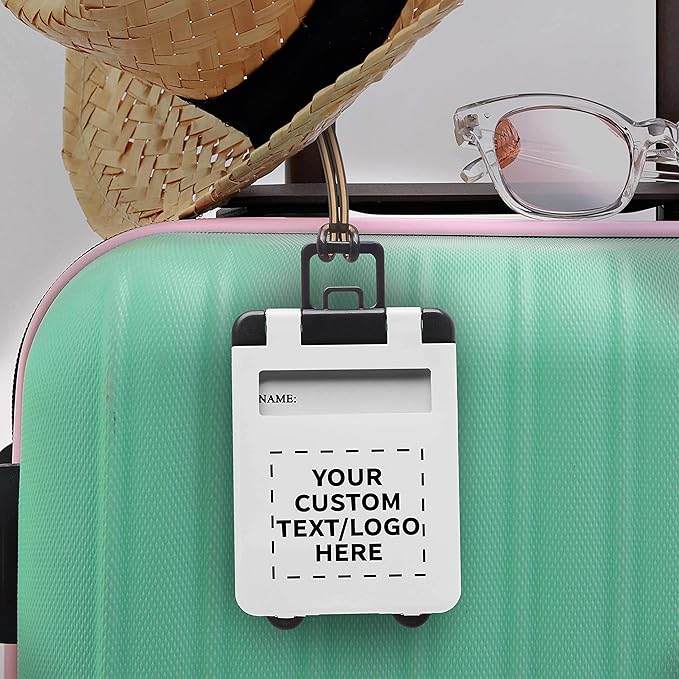 10 Mini Carry-on Luggage Tags Pack - Customizable Text, Logo - Flip Open Cover, ID Sticker - White