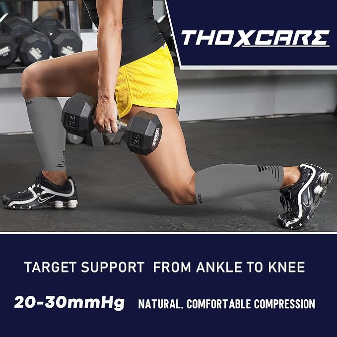 Thoxcare Calf Compression Sleeve for Men Women (1 Pair), Leg Support Footless Compression Socks for Running - Shin Splint Varicose Veins Swelling & Pain Relief, Gray/Black, Small