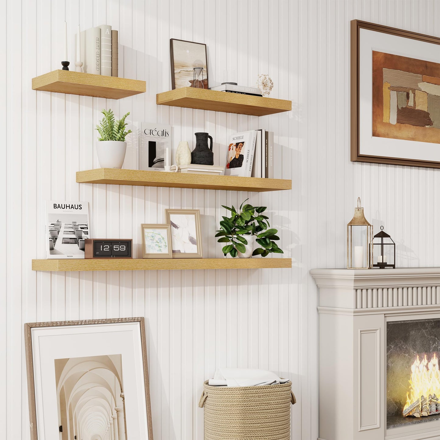 40in Floating Shelves for Wall, 40"W x 9.25"D x 1.25"H, 2 Pack Long Wall Mounted Engineered Wood Shelves with Invisible Brackets for Living Room, Bedroom, Bathroom, Kitchen Decor and Storage, Oak