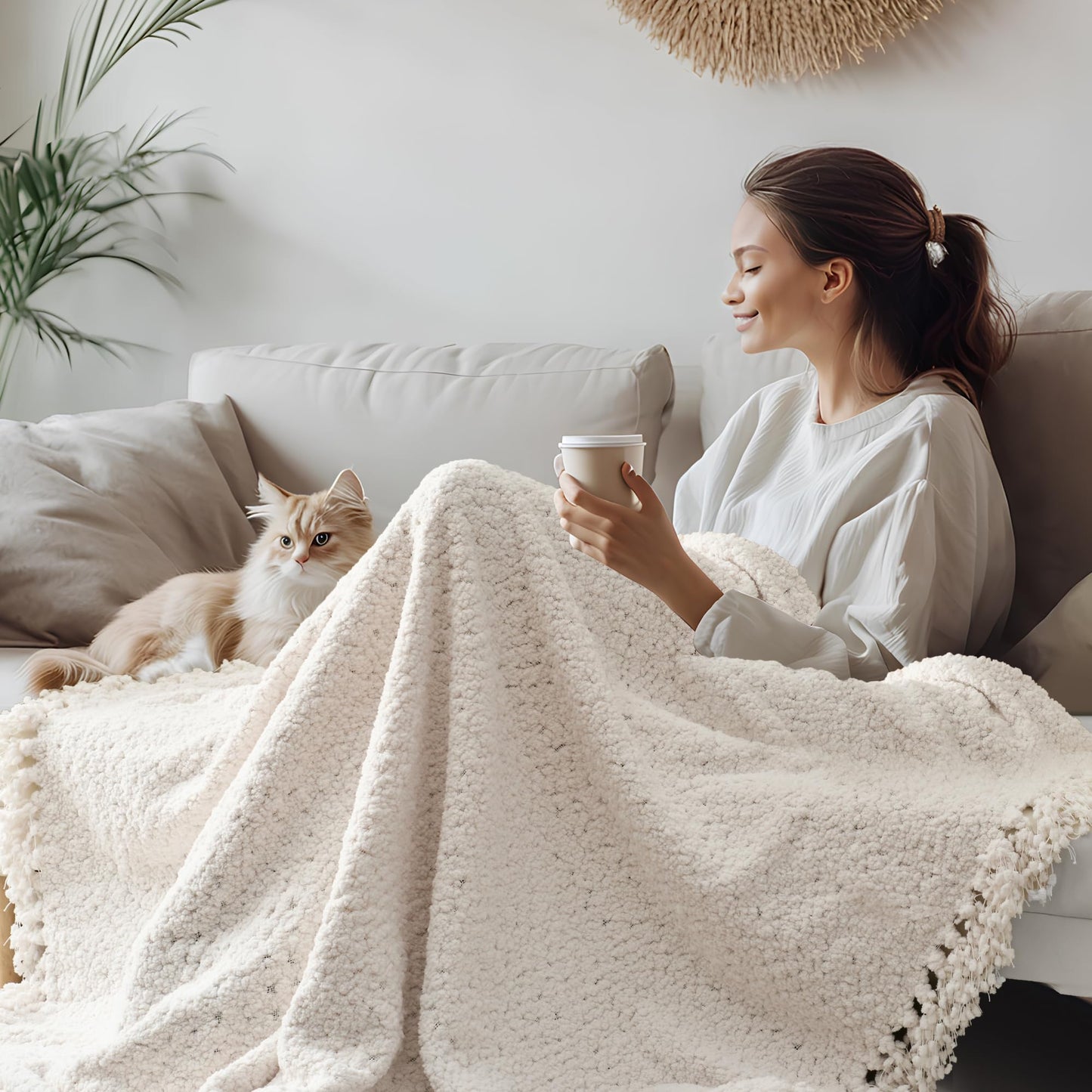 LONG CREATE Throw Blanket for Couch, White Luxury Knitted Throws 50"x60", Textured Blankets with Handmade Fringe Tassels for Bed Sofa Decorative, Chunky Soft Farmhouse Boho Home Decor