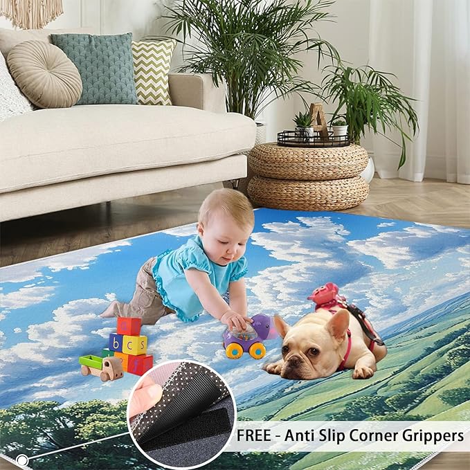 Sky and Clouds 2x3 Area Rugs for Living Room -Grassland and Pasture Washable Rug Rural Landscape Non-Slip Carpet Indoor Floor Stain Resistant Thin Carpets for Bedroom Dining Room Home Office