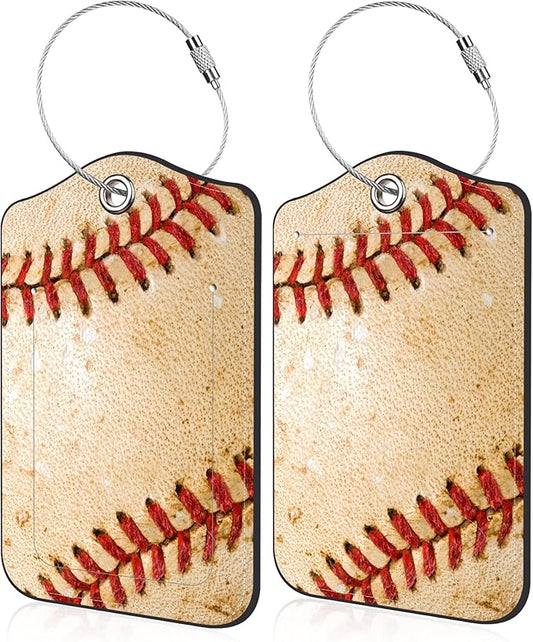 Luggage Tags for Suitcase Baseball 2 PCS Leather Travel Luggage Tag with Stainless Steel Loop Name ID Label Privacy Cover for Women Men Travel