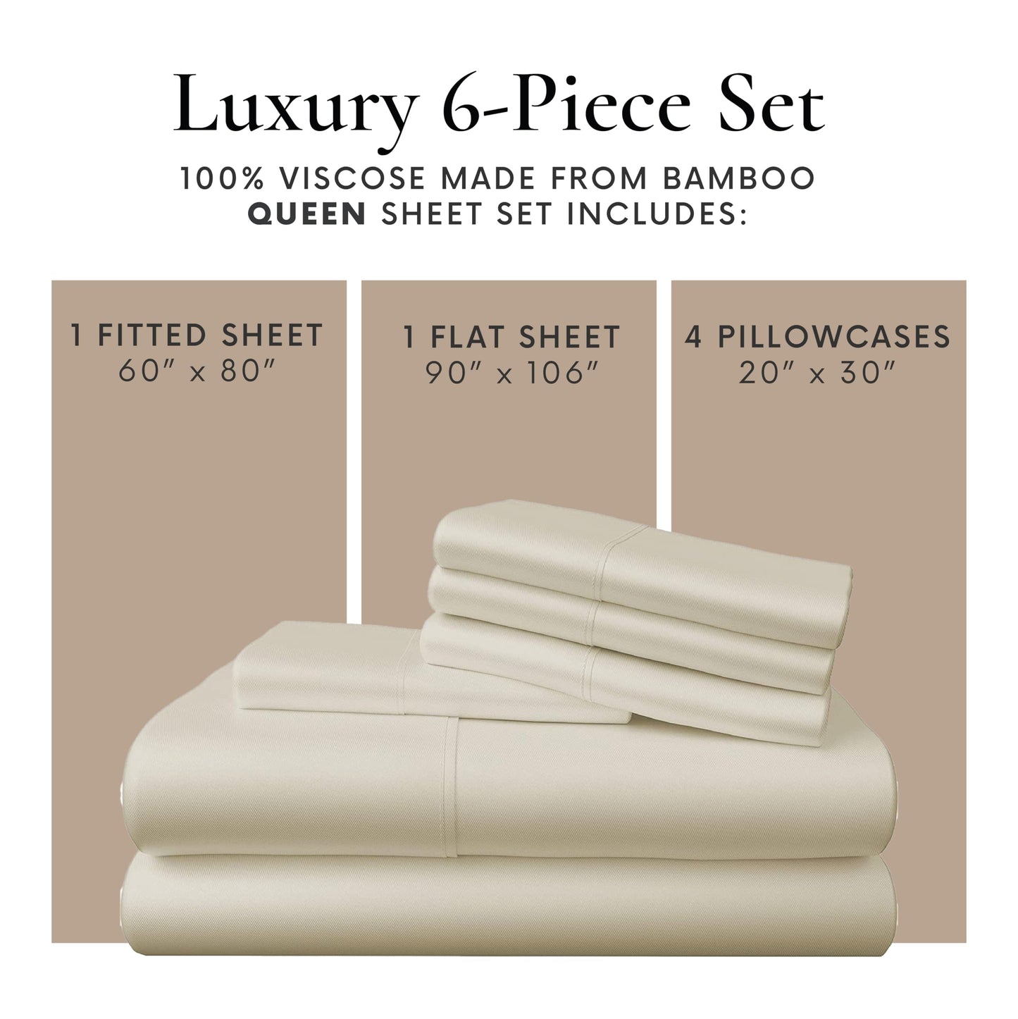 Bamboo Bay 6 Piece Queen Size Sheet Set, 100% Viscose Made from Bamboo, Breathable Ultra Soft Cooling Bed Sheets for Hot Sleepers, Beddings with Deep Pockets Fit 16" Mattress, Ivory