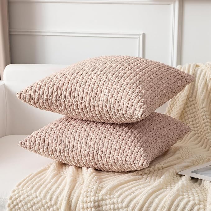 Kevin Textile Pack of 2 Corduroy Decorative Throw Pillow Covers 22x22 Inch Soft Boho Striped Pillow Covers Modern Home Decor Valentines Day Gifts for Spring Sofa Living Room Couch Bed Light Pink