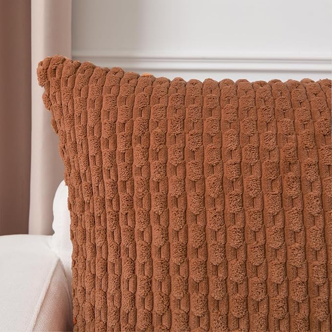 Kevin Textile Fall Decorative Pillow Covers Set of 2 Striped Plush Corduroy Pillows Pillowcases Boho Home Decor Cushion Covers for Couch Sofa Bed Living Room 20x20 Inch, Burnt Orange