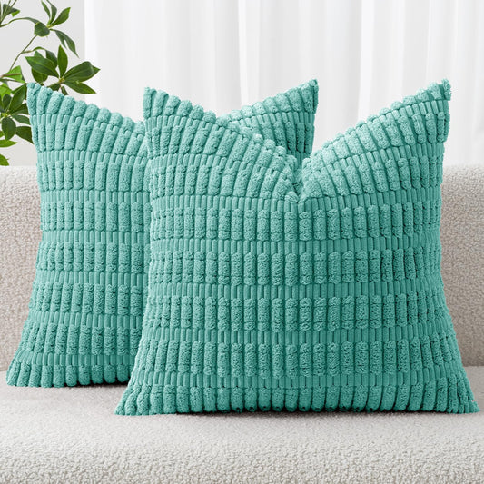 MIULEE Pack of 2 Corduroy Decorative Throw Pillow Covers 20x20 Inch Soft Boho Striped Pillow Covers Modern Farmhouse Home Decor for Summer Sofa Living Room Couch Bed Aqua Green