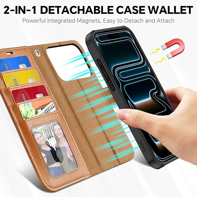 TUCCH Detachable Case Wallet for iPhone 17 Pro (6.3") 2025, Wrist Strap | 4 Card Slots RFID Blocking | Wireless Charging | Stand | 2-in-1 Magnetic | PU Leather | Shockproof Folio Cover | Light Brown