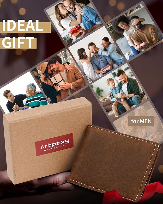 Artpaxy Mens Wallet Bifold Genuine Leather RFID Blocking Wallet for Men with 1 ID Windows 13 Card Holders 2 cash pockets 1 Gift Box