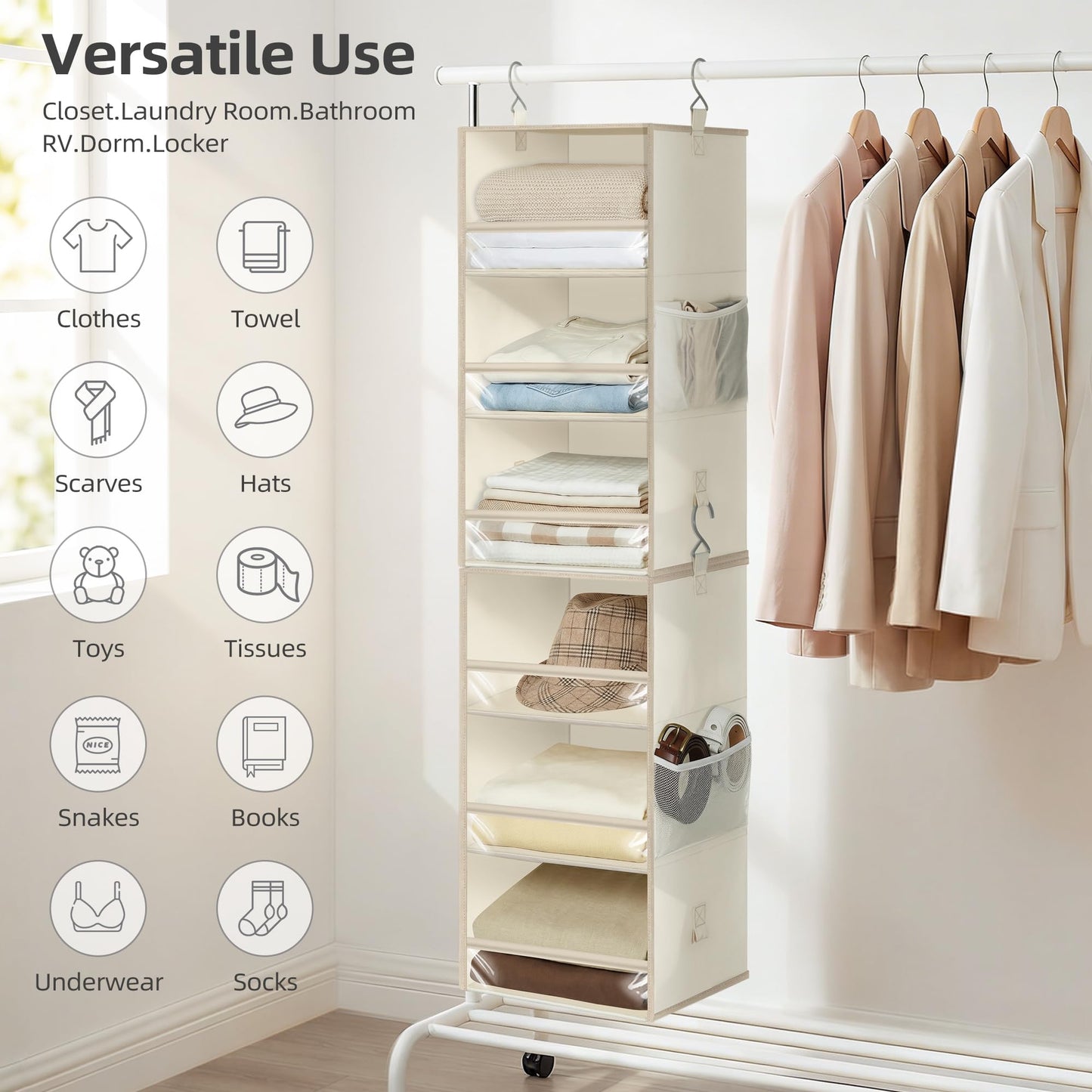 STORAGE MANIAC 6-Shelf Hanging Closet Organizer and Storage, 2 Separable 3-Shelf Haning Organizers for Closet, Collapsible Hanging Shelves Wardrobe Organization, College Dorm Room, Nursery, Beige