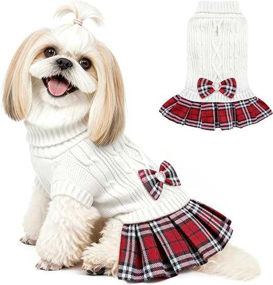 YUDODO Small Dog Sweater Dress with Bowtie Turtleneck - Knitted Pet Girl Dog Winter Clothes - Pet Warm Sweater for Puppy Yorkies, Chihuahua (L White)
