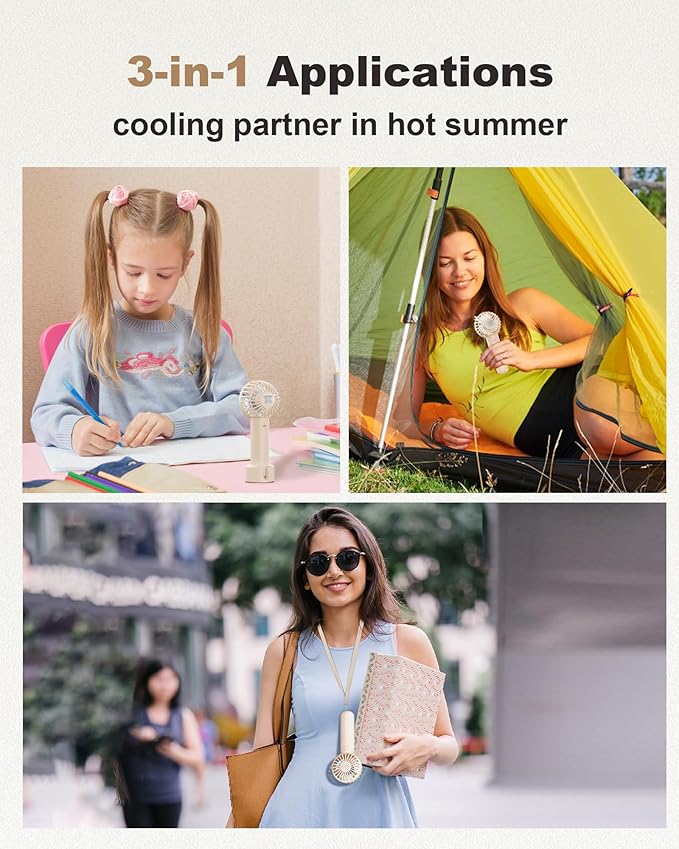 Coohea 2-Pack Pink & Beige Handheld Fan, Small Cute Design, 3 Powerful Speeds, Operated by USB/Rechargeable Battery, Personal Portable Fan with Base & Lanyard, for Eyelash Makeup Travel Beach Desk