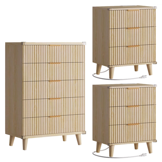 Lulive Modern Dresser and Nightstand Sets 3-Piece, 5-Drawer Dresser + 2 Nightstands Bedroom Sets with Solid Wood Legs (Natural Oak)