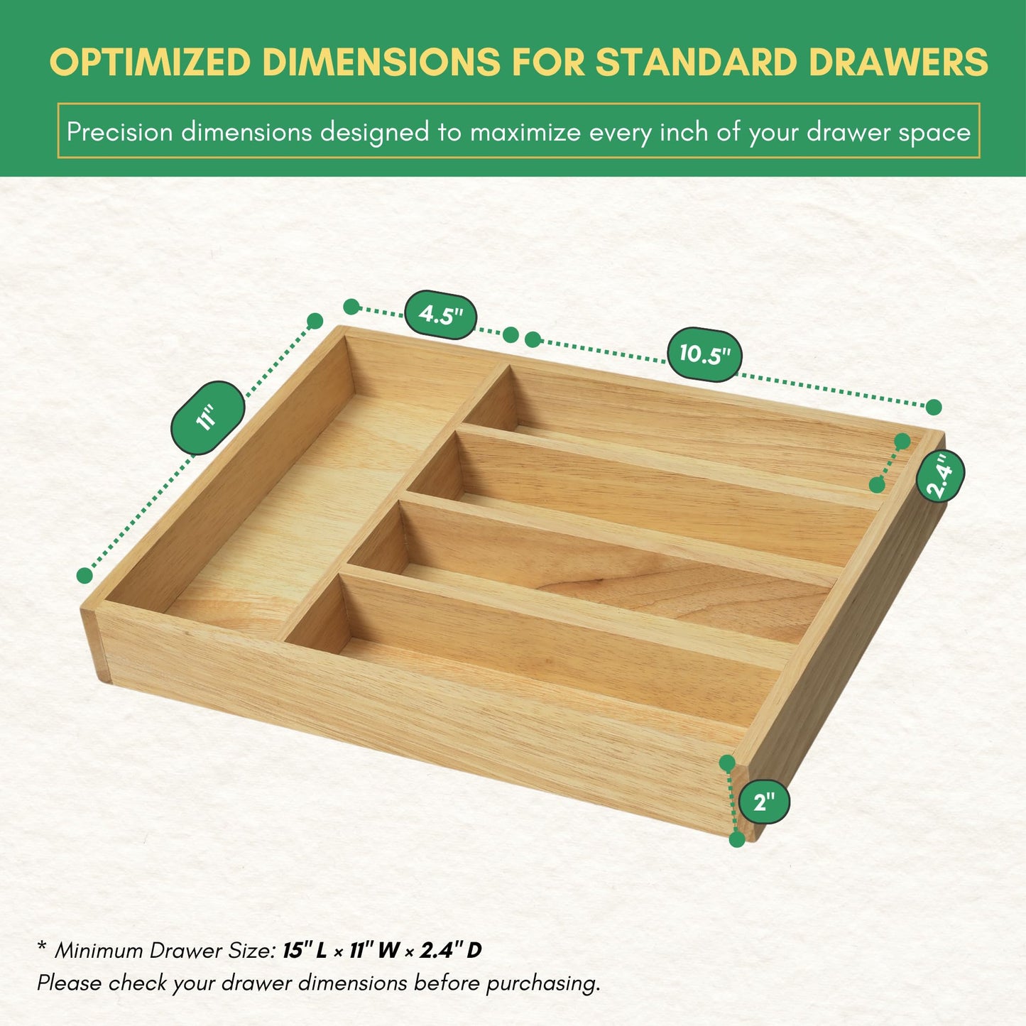 Rubber Wood Silverware Organizer for Drawer - [15"L x 11"W x 2"H] Utensil Tray, 5 Compartment Flatware Holder, Multi-Purpose Kitchen Drawer Organizer for Utensils, Stationery & Hand Tools
