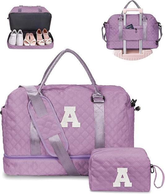 Vogewood Gift for Women-Initial Teenage Girl Duffle Bag with Shoe Compartment, Personalized Weekender Bag, Monogram Overnight Bag for Kids, Letter Travel Bag with Makeup Bag, Gift for Women (Letter A)