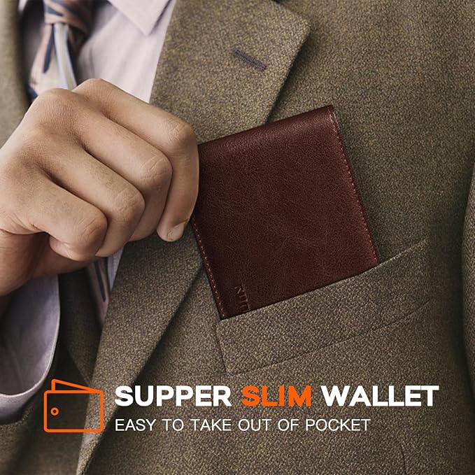 RUNBOX Wallet for Men Slim Leather Bifold RFID Blocking Minimalist Front Pocket Design with Gift Box