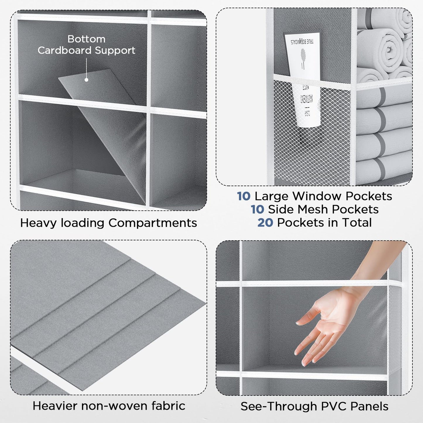 PureSpace 5-Tier Over The Door Organizer with 10 Side Mesh Pockets & Clear Windows, 80 lbs Weight Capacity Hanging Storage for Bathroom, Bedroom, Nursery, Kitchen, Organize Shoes, Diapers(Clear Grey)