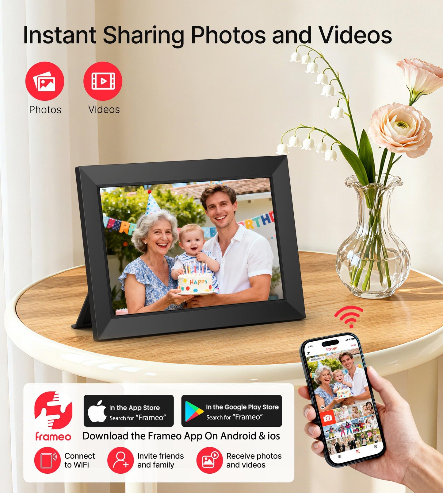 BIGASUO Digital Picture Frame, 10.1" Frameo Digital Frame WiFi with 32GB Memory, 1280x800 IPS Touch Screen, Send Photos/Videos from Your Phone Anywhere, Photo Gifts for Parents and Grandparents