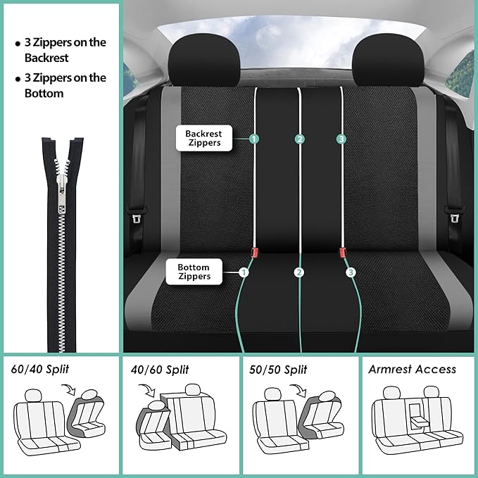 FH Group Automotive Car Seat Covers Full Set Premium 3D Air Mesh Front Seat Covers, Airbag Compatible & Split Bench Cover Universal Fit Interior Accessories for Cars Trucks and SUVs - Gray