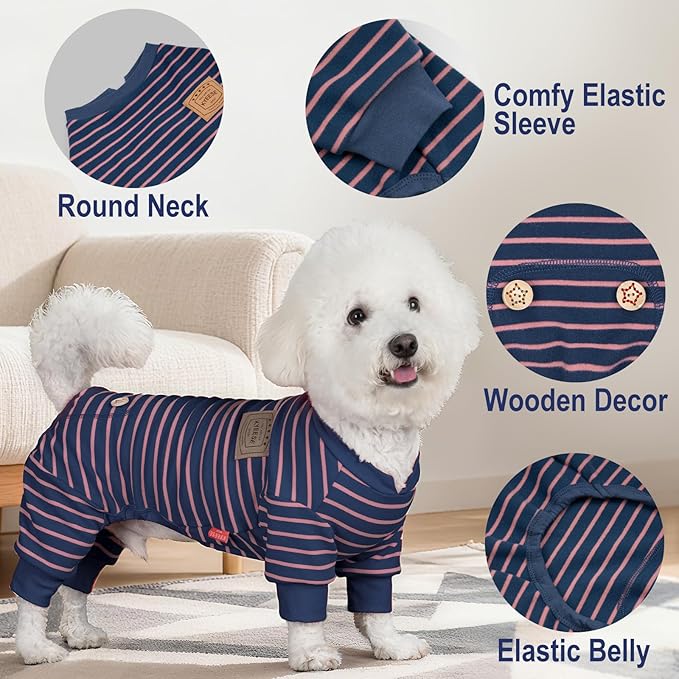 KYEESE Dog Pajamas, Striped Velvet Fleece Pet Jumpsuit, Soft Doggie Jammies, 4 Legs PJS Stretchable Dog Pajamas, Pet Costumes Comfortable Sleepwear for Small Dogs,Navy Blue Striped, X-Large