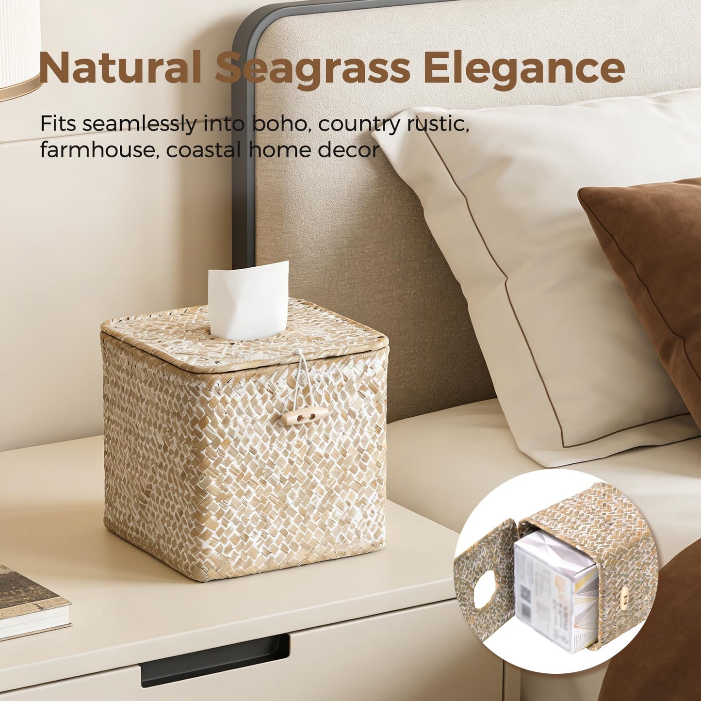 S310 Tissue Box Cover Square, Woven Seagrass Tissue Box Holder with Lid, Wicker Tissue Box Decorative Facial Cube Tissue Cover for Bathroom Office Table, Whitewash